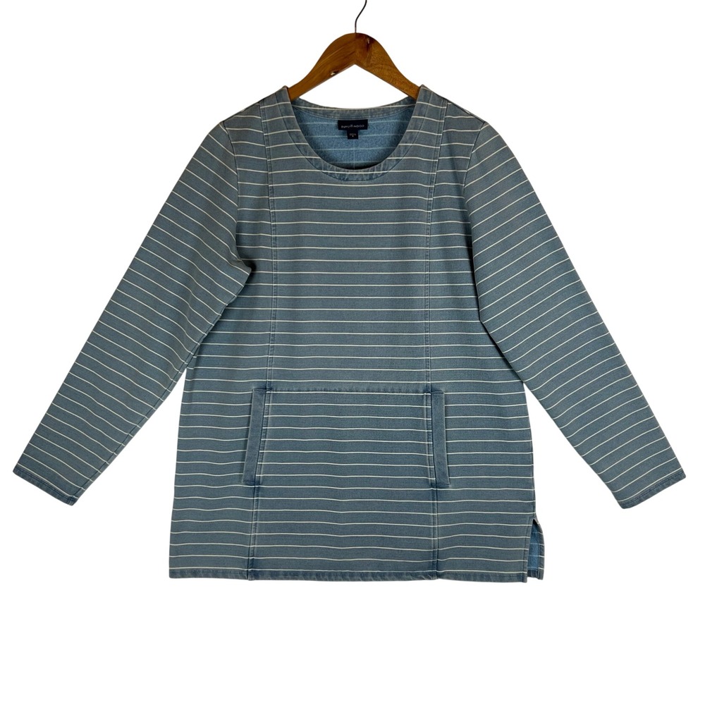 J. Jill Pure Jill Indigo Blue Striped Tunic Sweatshirt Kangaroo Pocket Small NEW